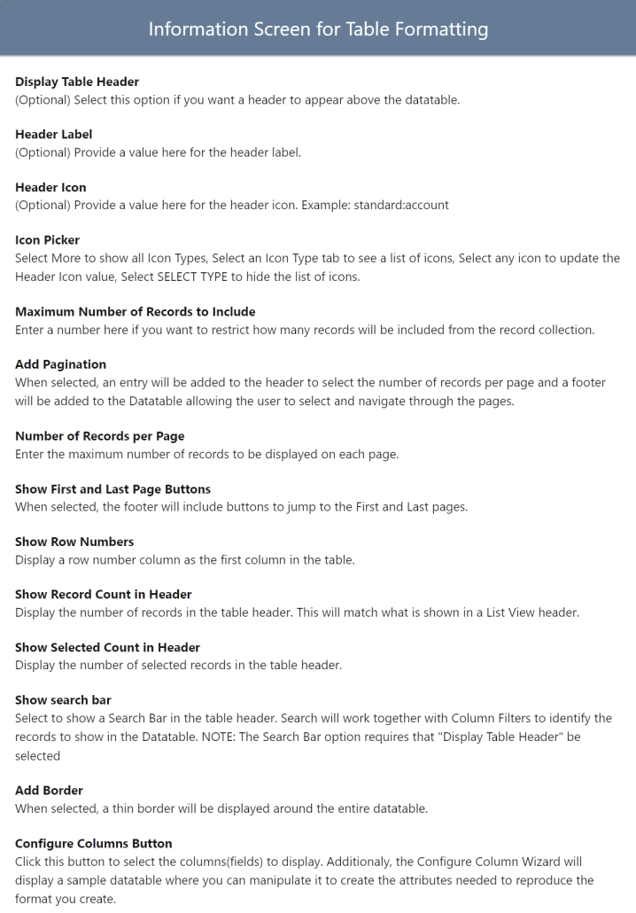Table Formatting Help Screen